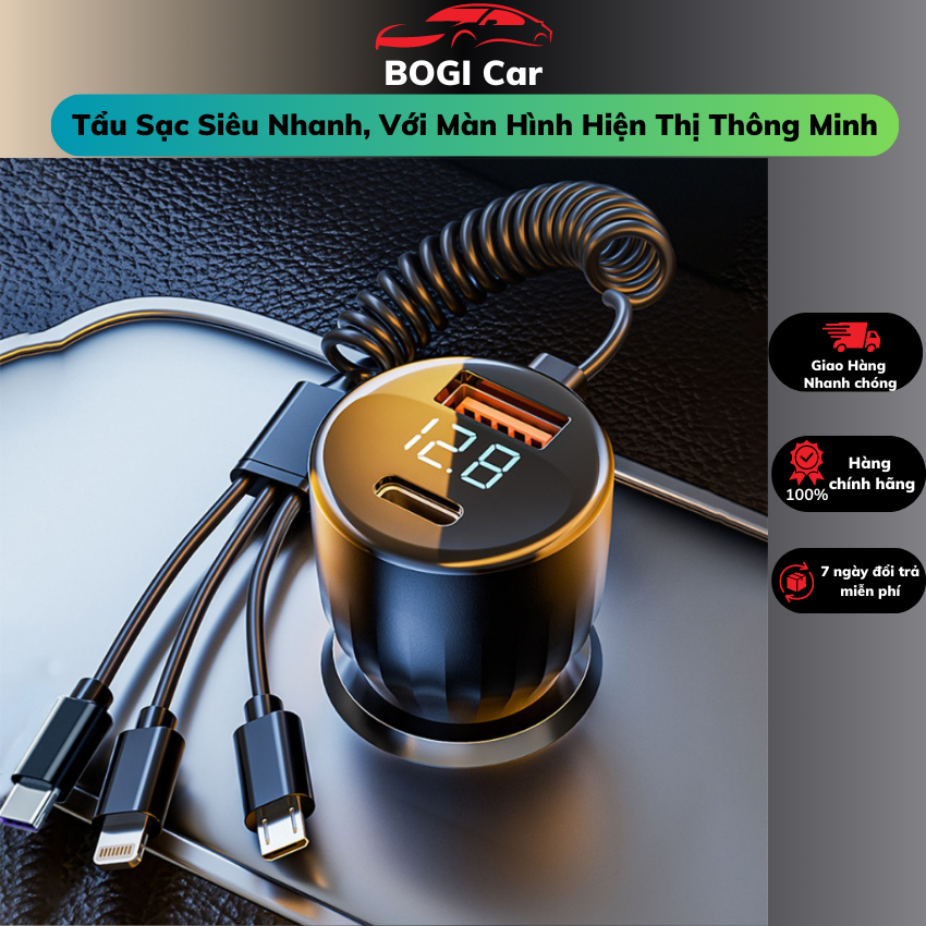 Tẩu Sạc Nhanh Ô Tô DS 66W tích hợp dây sạc 3 đầu,hỗ trợ sạc nhanh Type-C 22.5W và QC4.0,Màn Hình Led Thông Minh - BoGi