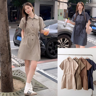 Đầm Sơ Mi Kaki Thắt Eo Hàn Quốc Váy polo cộc tay dây eo mặc nhiều kiểu