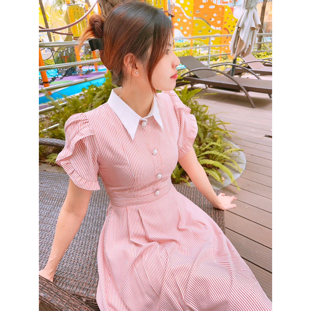 Đầm công sở hồng sọc cổ sơ mi đẹp dáng xòe tay loe thanh lịch thiết kế cao cấp đi làm đi chơi eo tôn dáng Thời trang Lux