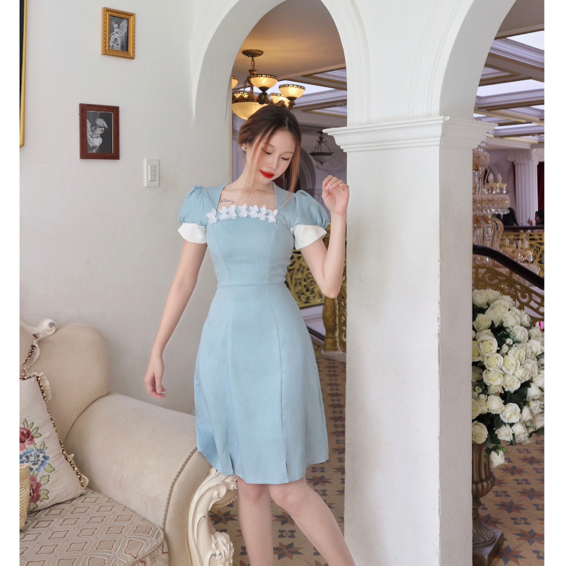 Đầm dự tiệc sang trọng xanh đẹp cổ vuông chữ a tay ngắn thanh lịch thiết kế cao cấp đi tiệc đi làm eo tôn dáng Lux W