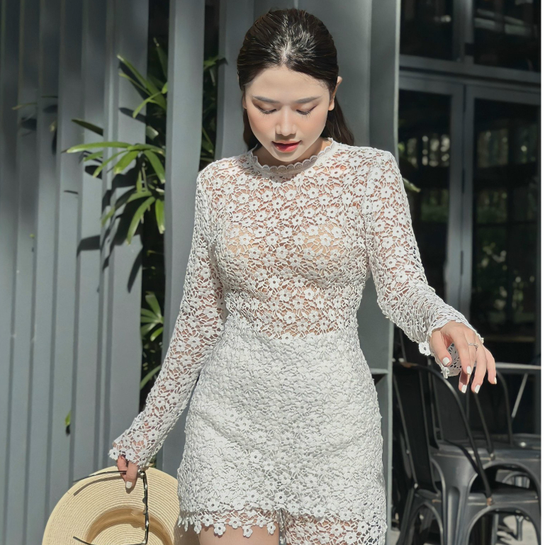 Bộ ren hoa tay dài Bigsize 34DB007 hàng cao cấp, Set bộ đi biển chất ren hoa sang trọng sexy kín đáo