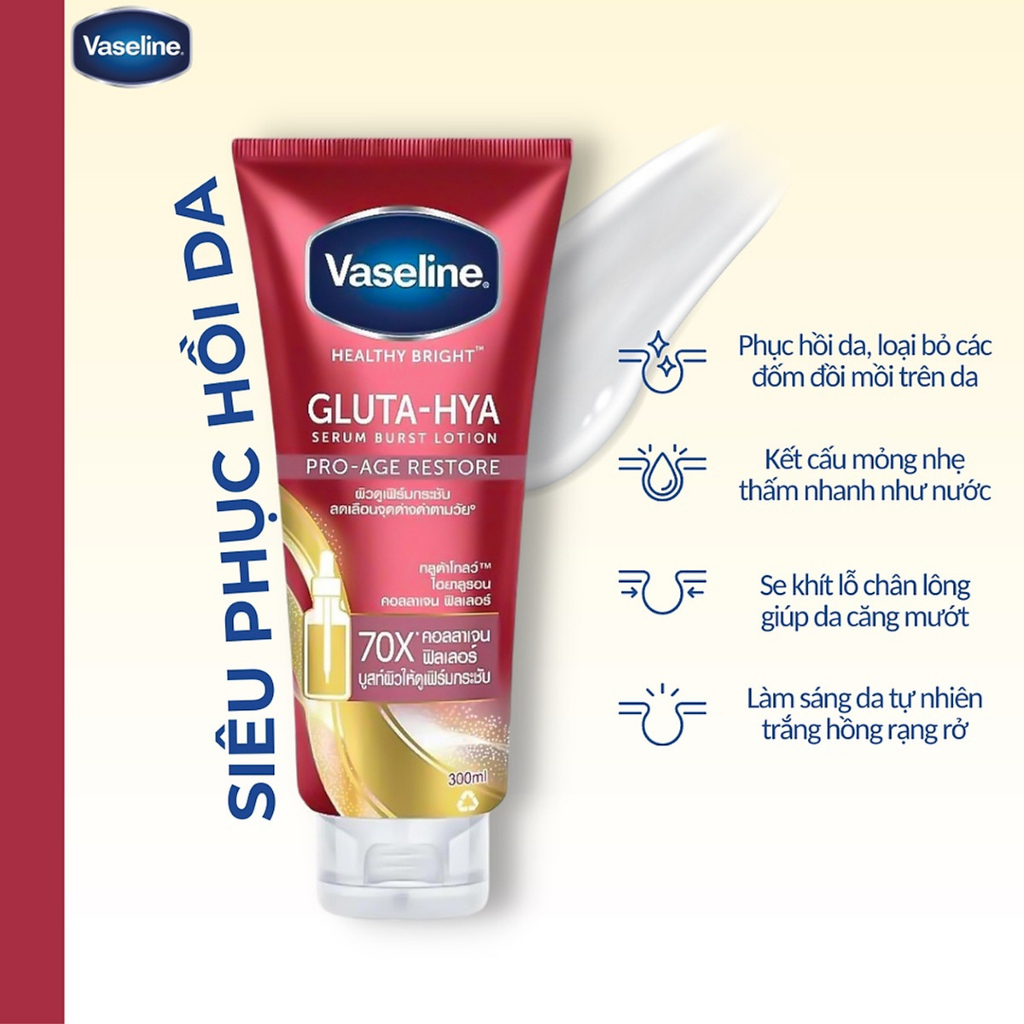 Dưỡng thể Vaseline Healthy Bright Gluta Hya Serum Burst Lotion 10X trắng da mờ nám hiệu quả