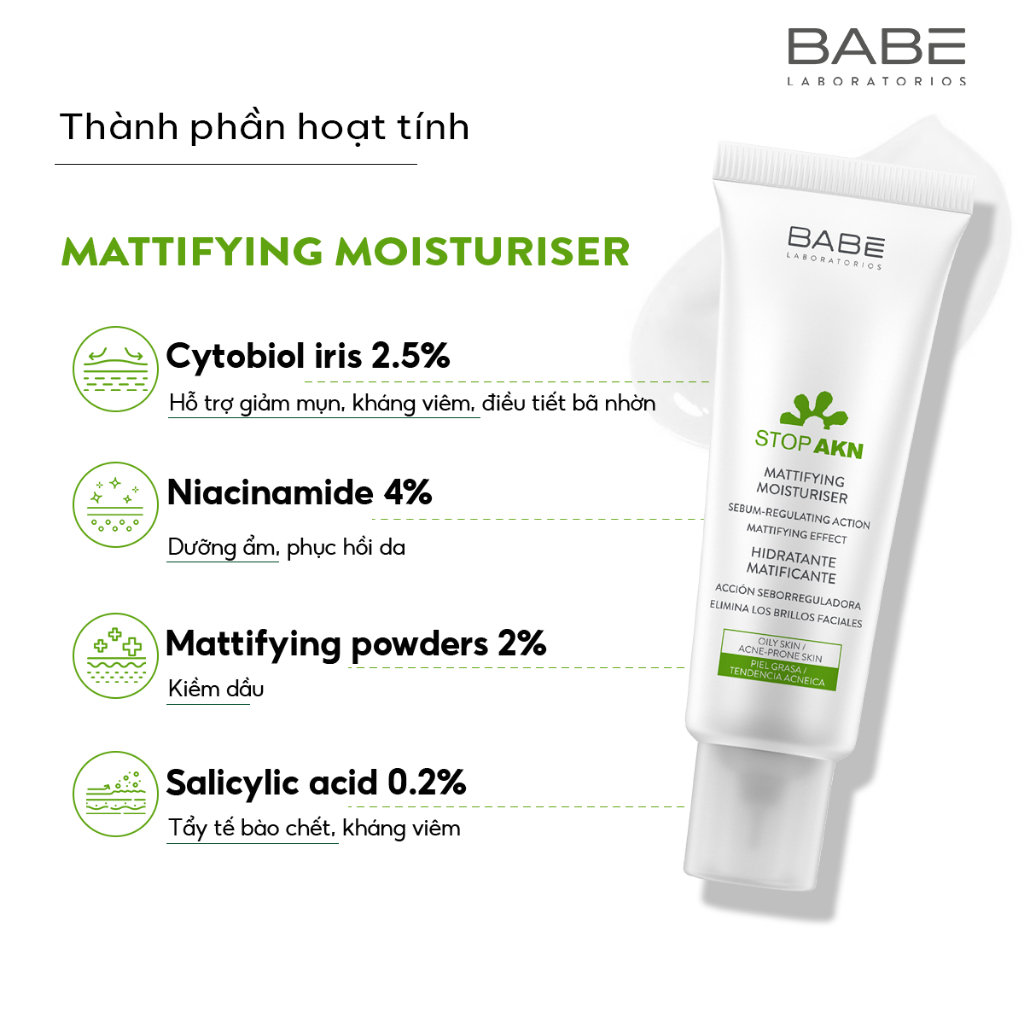 Kem dưỡng cho da dầu mụn BABÉ Stop AKN Mattifying Moisturiser 50ml