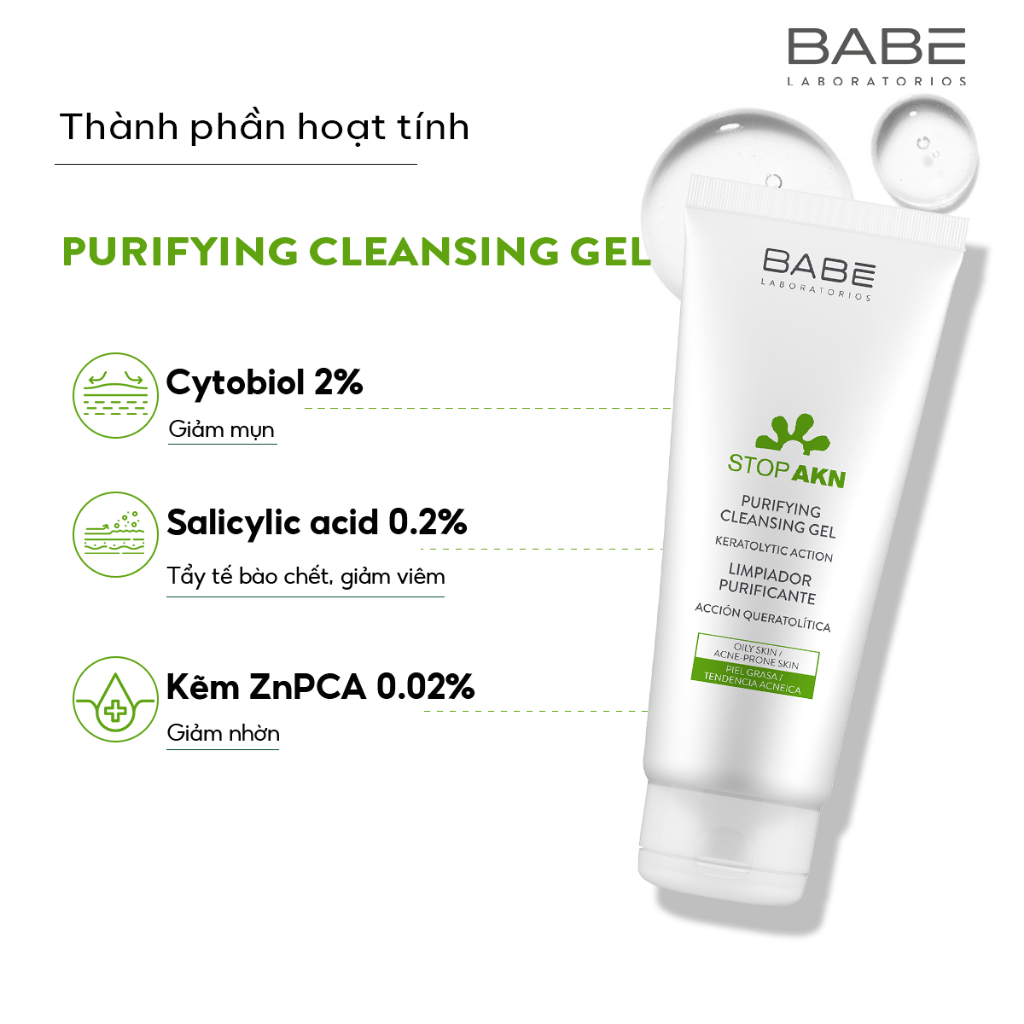 Gel rửa mặt BABE cho da dầu mụn Stop Akn Purifying Cleansing gel 200ml
