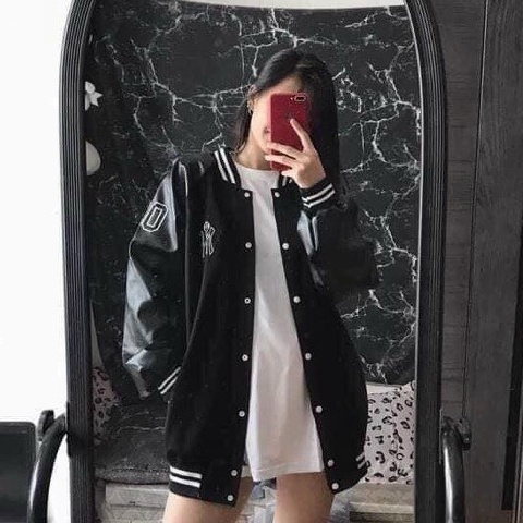 ÁO KHOÁC GIÓ BOMBER UNISEX CÚC BẤM FORM ĐẸP - ÁO KHOÁC BOMBER PHỐI TAY DA HOTTREND | BigBuy360 - bigbuy360.vn