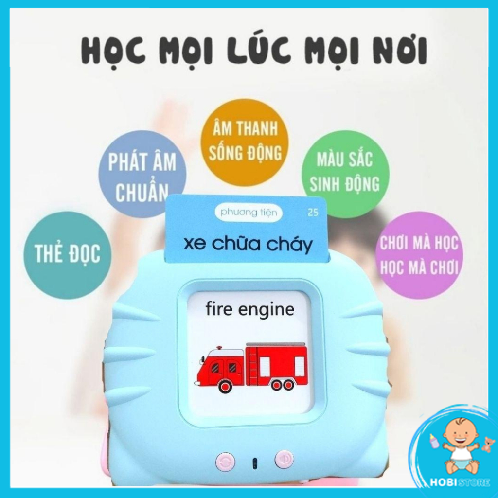 Máy đọc thẻ flashcard song ngữ Anh - Việt 112 thẻ 224 từ vựng + phát nhạc + 3 chế độ đọc thông minh cho bé Lalatalk Hobi