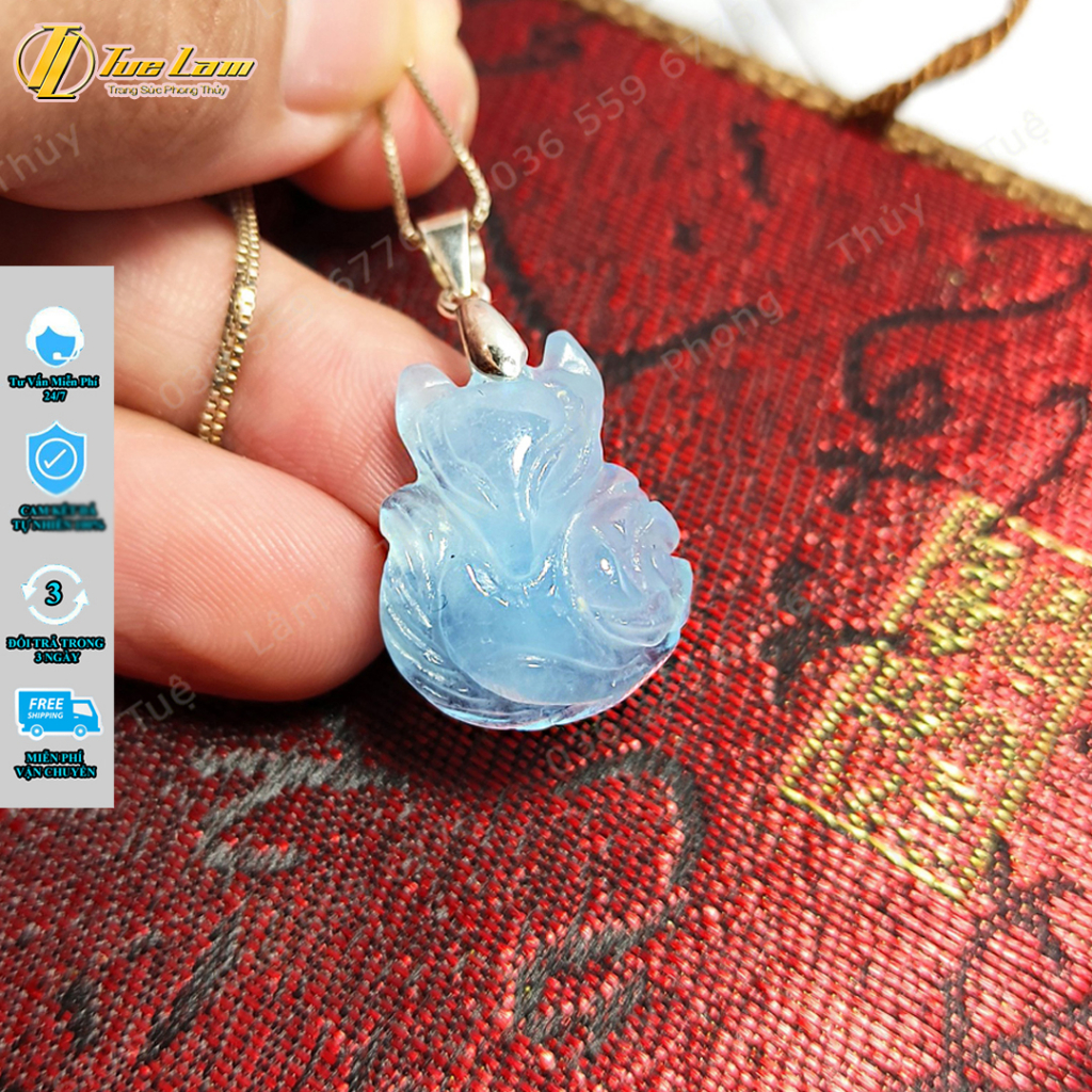 Mặt dây chuyền hồ ly chúa ôm hoa aquamarine hợp mệnh thủy mộc, trợ duyên may mắn - Tuệ Lâm