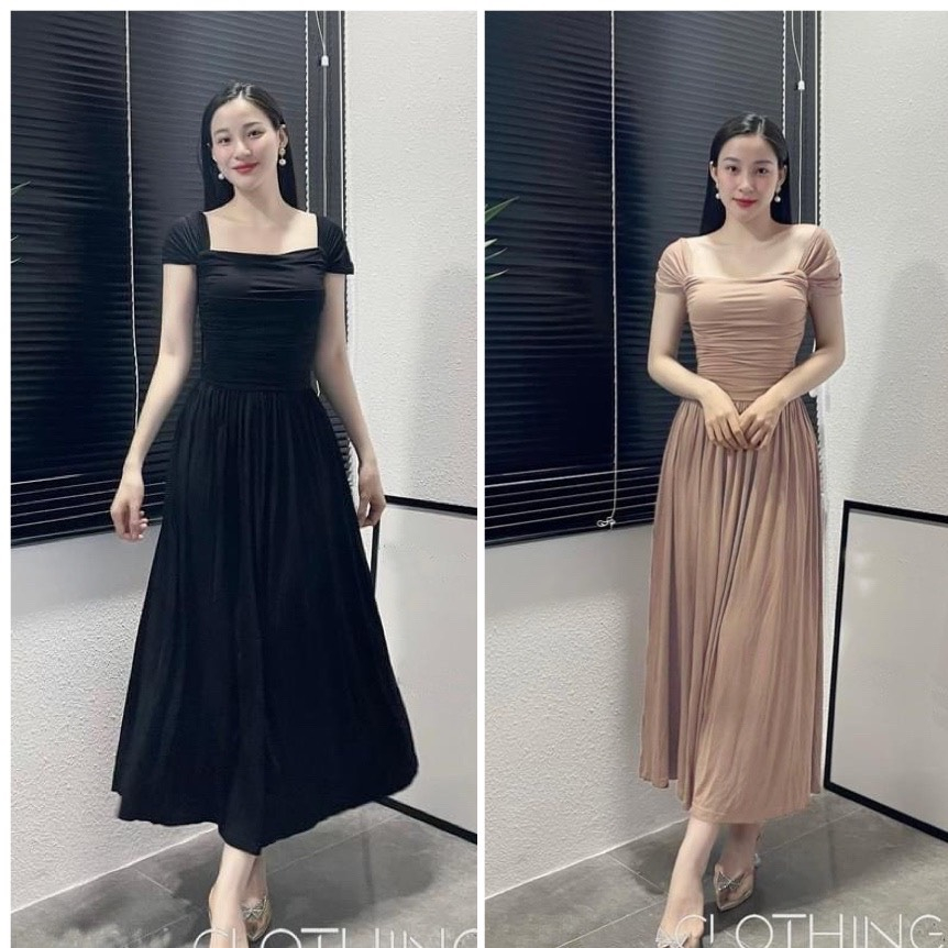Đầm Body Cổ Vuông Nhún Xoè Dáng Dài Qua Gối