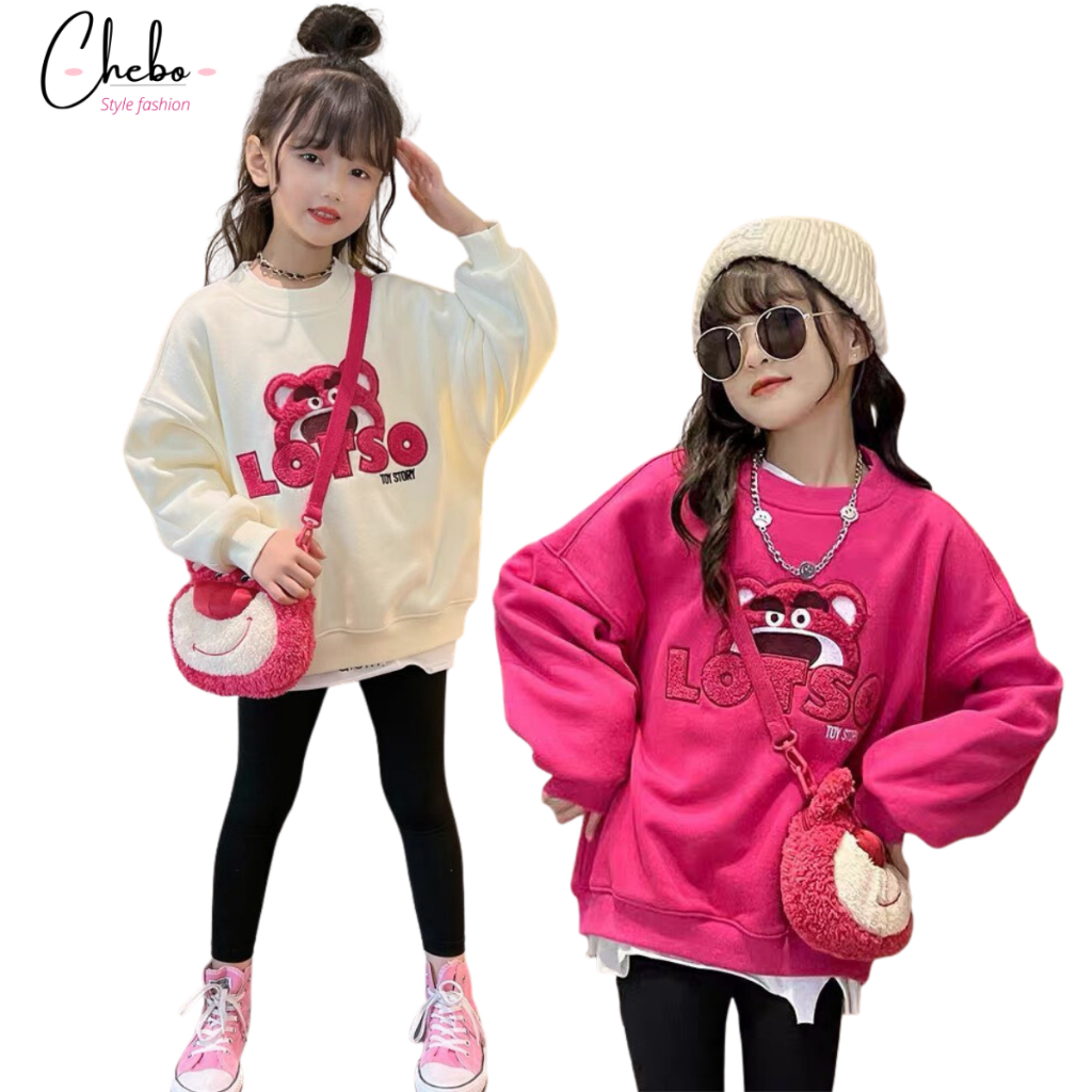 Áo nỉ gấu dâu sweater cho bé gái thêu nổi áo Sweater nỉ bông không xù siêu ấm dễ thương hot hit Quảng Châu cao cấp