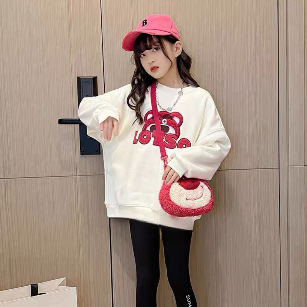 Áo nỉ gấu dâu sweater cho bé gái thêu nổi áo Sweater nỉ bông không xù siêu ấm dễ thương hot hit Quảng Châu cao cấp
