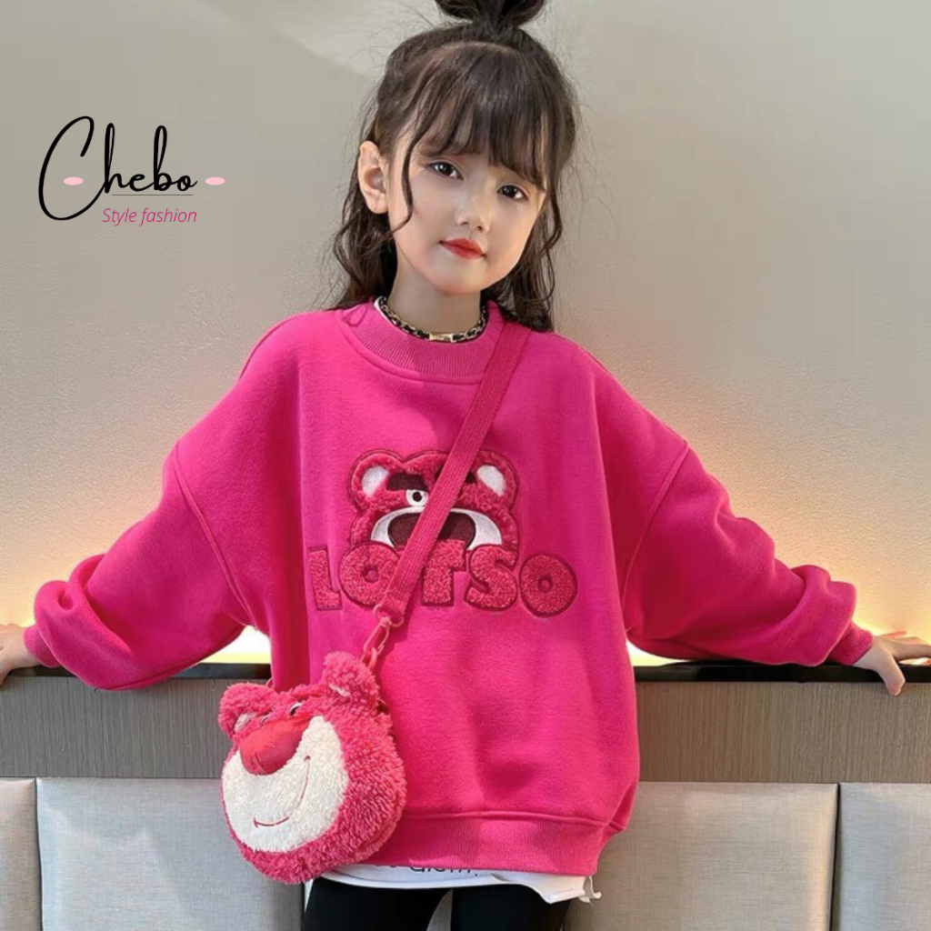 Áo nỉ gấu dâu sweater cho bé gái thêu nổi áo Sweater nỉ bông không xù siêu ấm dễ thương hot hit Quảng Châu cao cấp