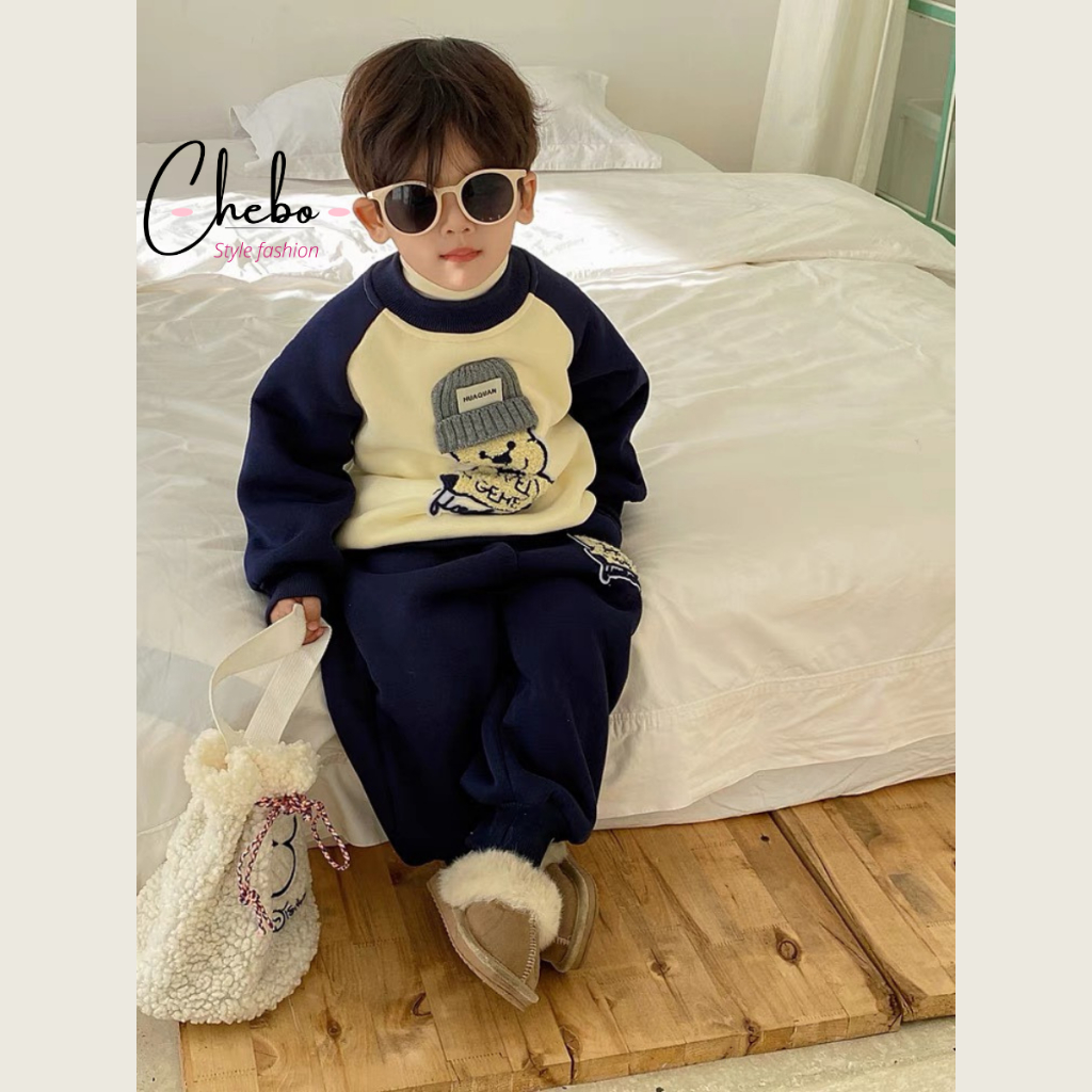 Bộ quần áo nỉ bông cho bé trai bé gái mùa đông size 8-26kg siêu ấm