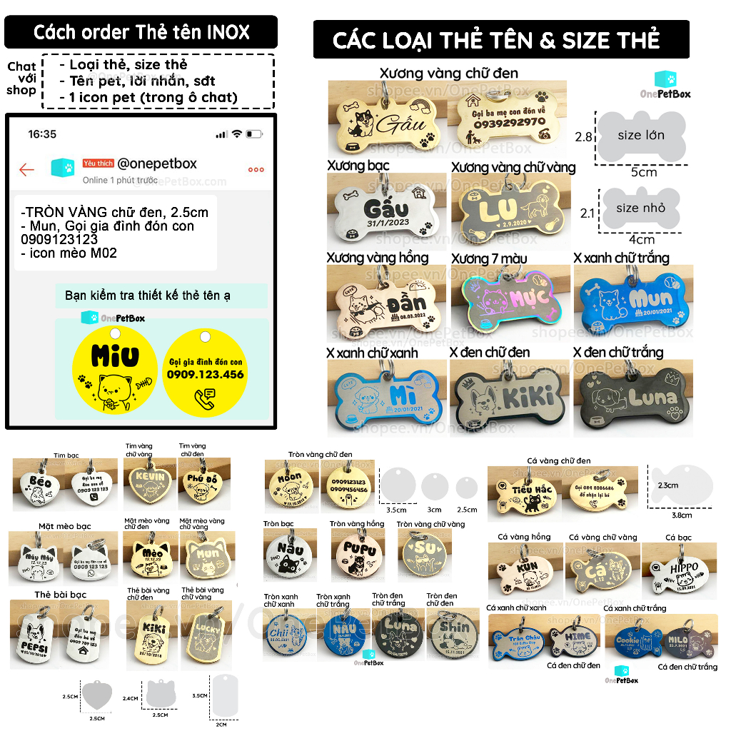 Vòng cổ cho Chó Mèo - Dây chuyền cho thú cưng OnePetBox - Vòng cổ mắt xích NHÔM kèm Thẻ tên thú cưng inox