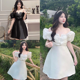  váy trễ vai tay bèo phồng cổ v xoắn eo chất tafta dáng xoè chứ A màu trắng đen Đầm dự tiệc hở vai sang chảnh đi chơi 