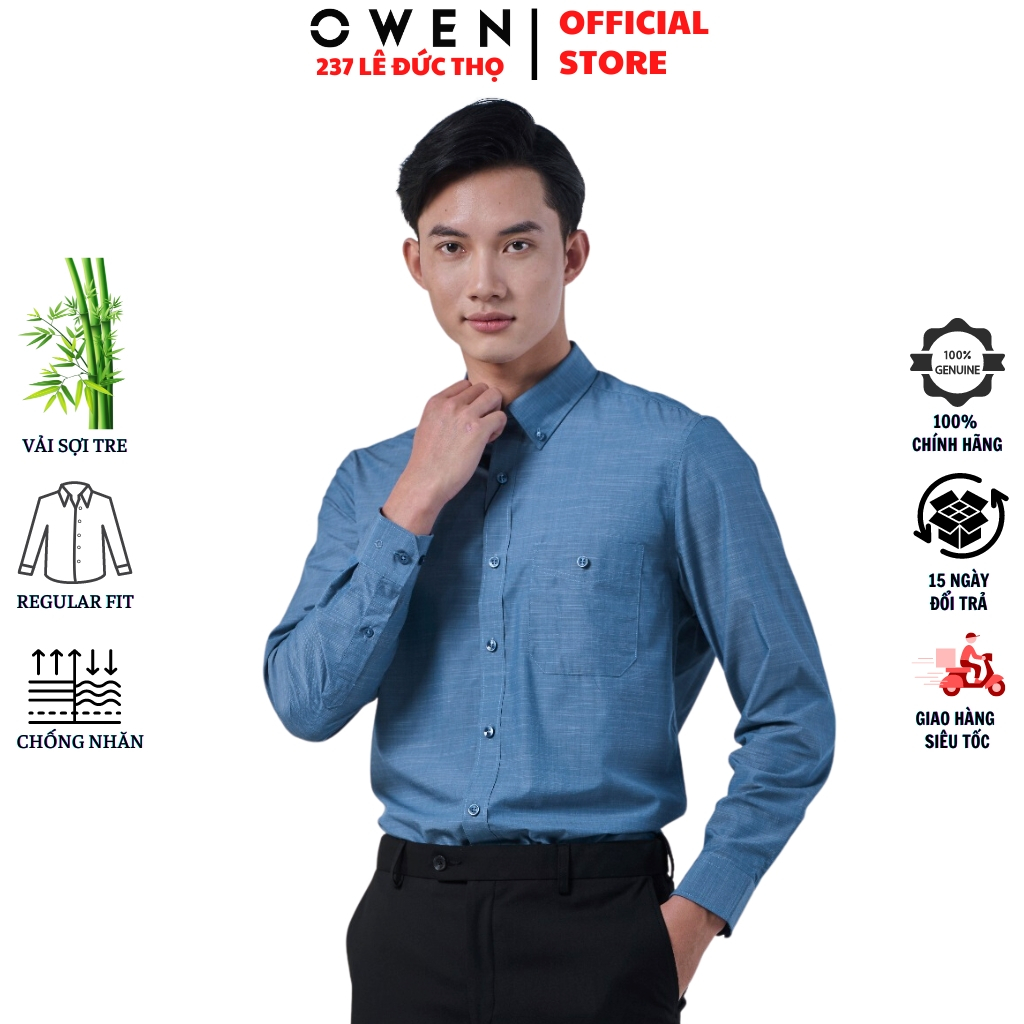 Áo sơ mi nam OWEN AR230000DT somi dài tay công sở nhuyễn xanh form regular fit tà lượn có túi chất sợi tre cao cấp