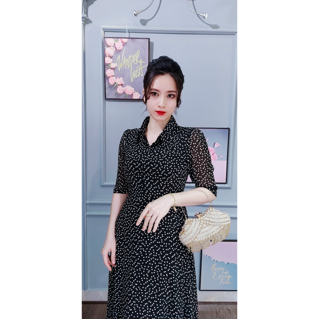 Đầm sơ mi maxi Da1563. Chất liệu: voan hàn mềm mát 2lớp Màu: đen bi nhí