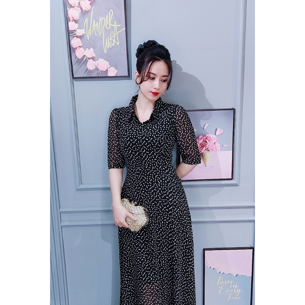 Đầm sơ mi maxi Da1563. Chất liệu: voan hàn mềm mát 2lớp Màu: đen bi nhí