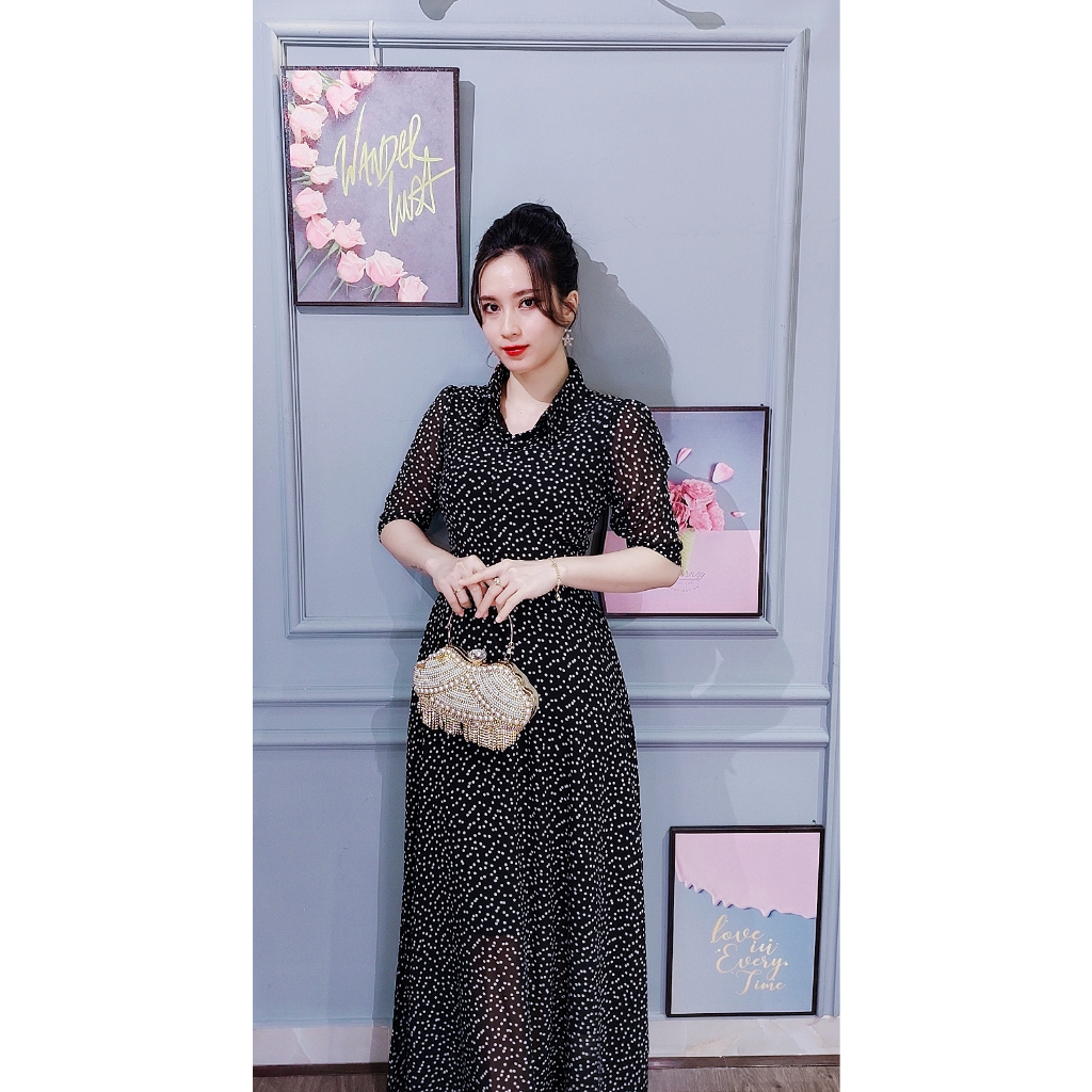 Đầm sơ mi maxi Da1563. Chất liệu: voan hàn mềm mát 2lớp Màu: đen bi nhí