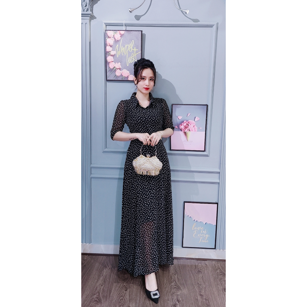 Đầm sơ mi maxi Da1563. Chất liệu: voan hàn mềm mát 2lớp Màu: đen bi nhí