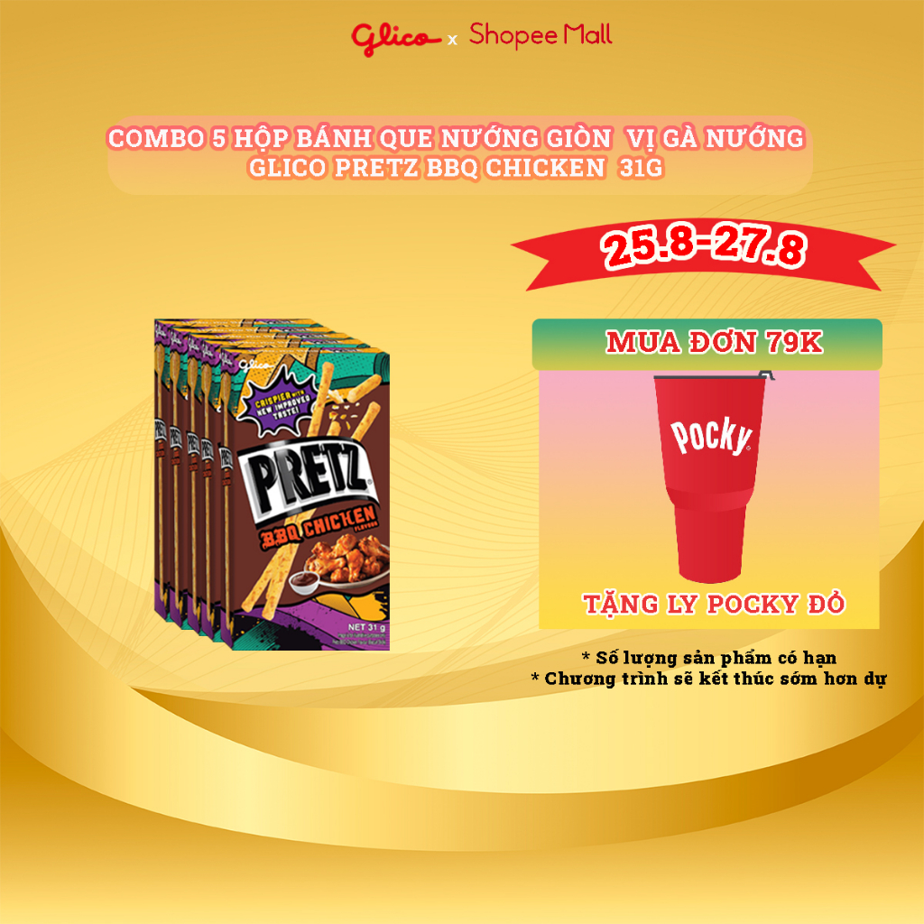 Combo hộp Bánh que mặn nướng giòn Glico Pretz vị BBQ Gà nướng