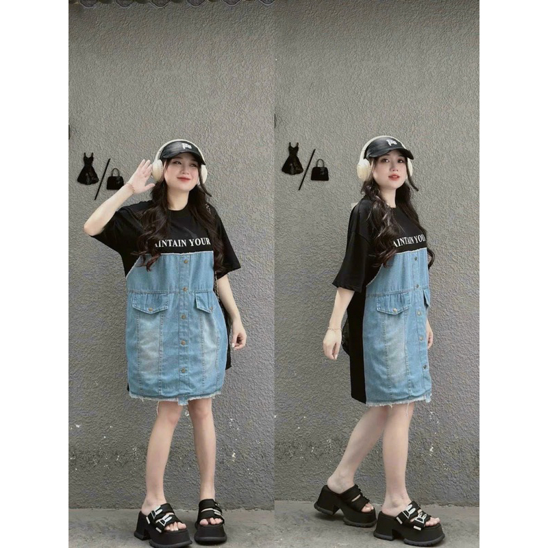 Bigsize Đầm thun babydoll in chữ phối jeans cổ tròn 55-95kg