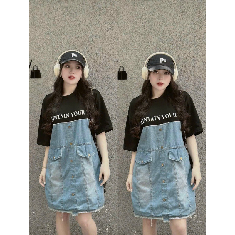 Bigsize Đầm thun babydoll in chữ phối jeans cổ tròn 55-95kg