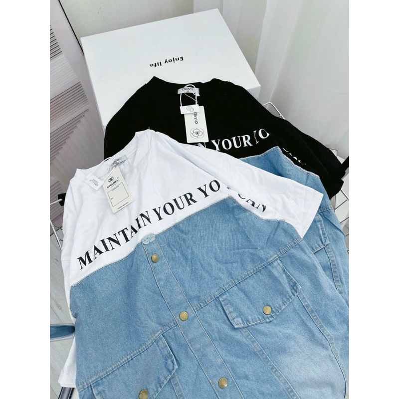 Bigsize Đầm thun babydoll in chữ phối jeans cổ tròn 55-95kg