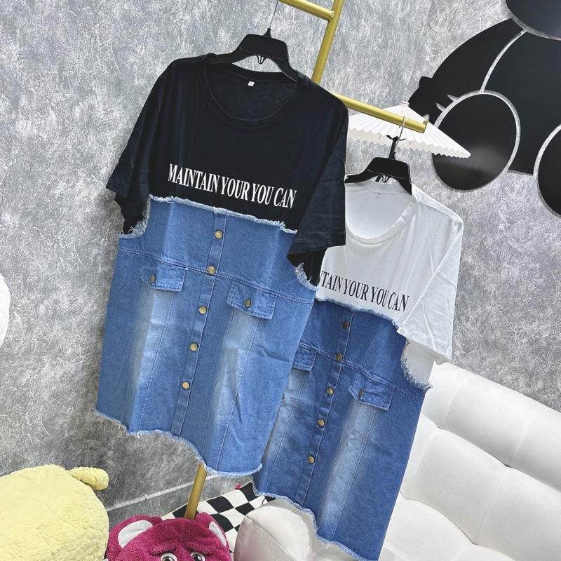 Bigsize Đầm thun babydoll in chữ phối jeans cổ tròn 55-95kg