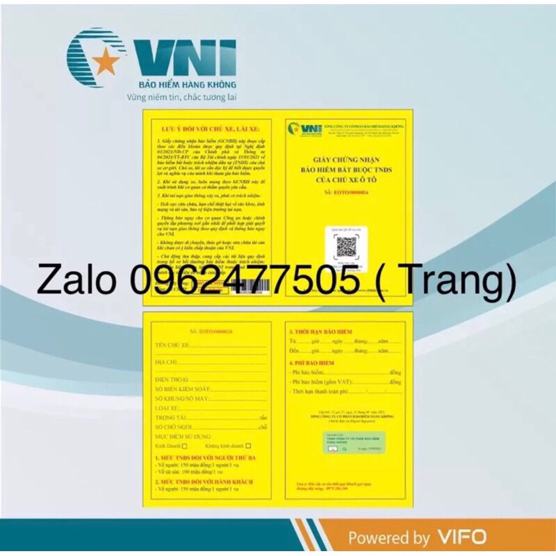 Zalo 0962477505 BH TNDS Bắt Buộc Ô Tô VNI