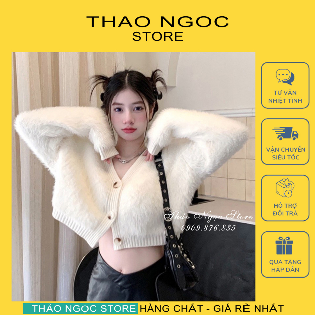 Áo len lông thỏ nữ croptop tay dài cổ tim nút ngọc, áo khoác len lông cổ V 3 nút form lửng hàng QC! THẢO NGỌC STORE