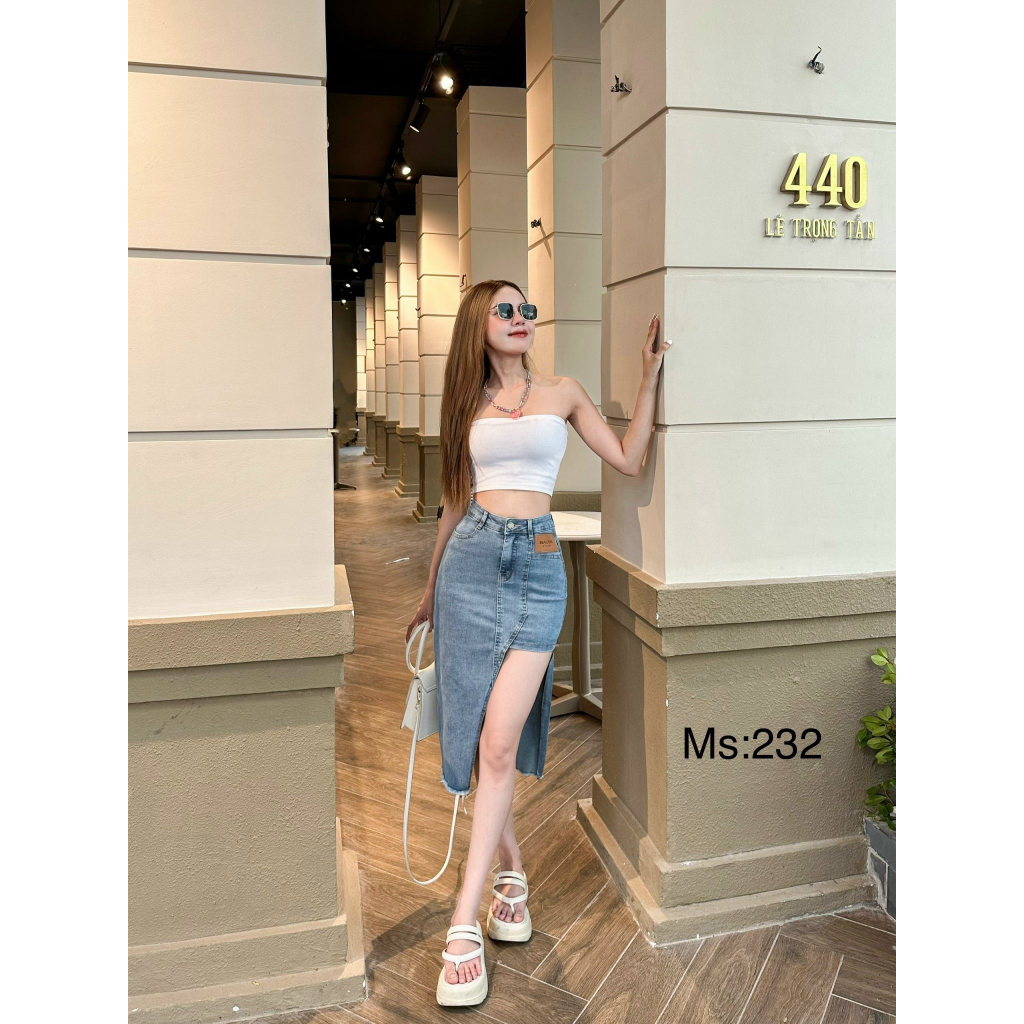 Chân Váy Jeans  Co Giãn Vạt Trước Xẻ Kiểu MS 065
