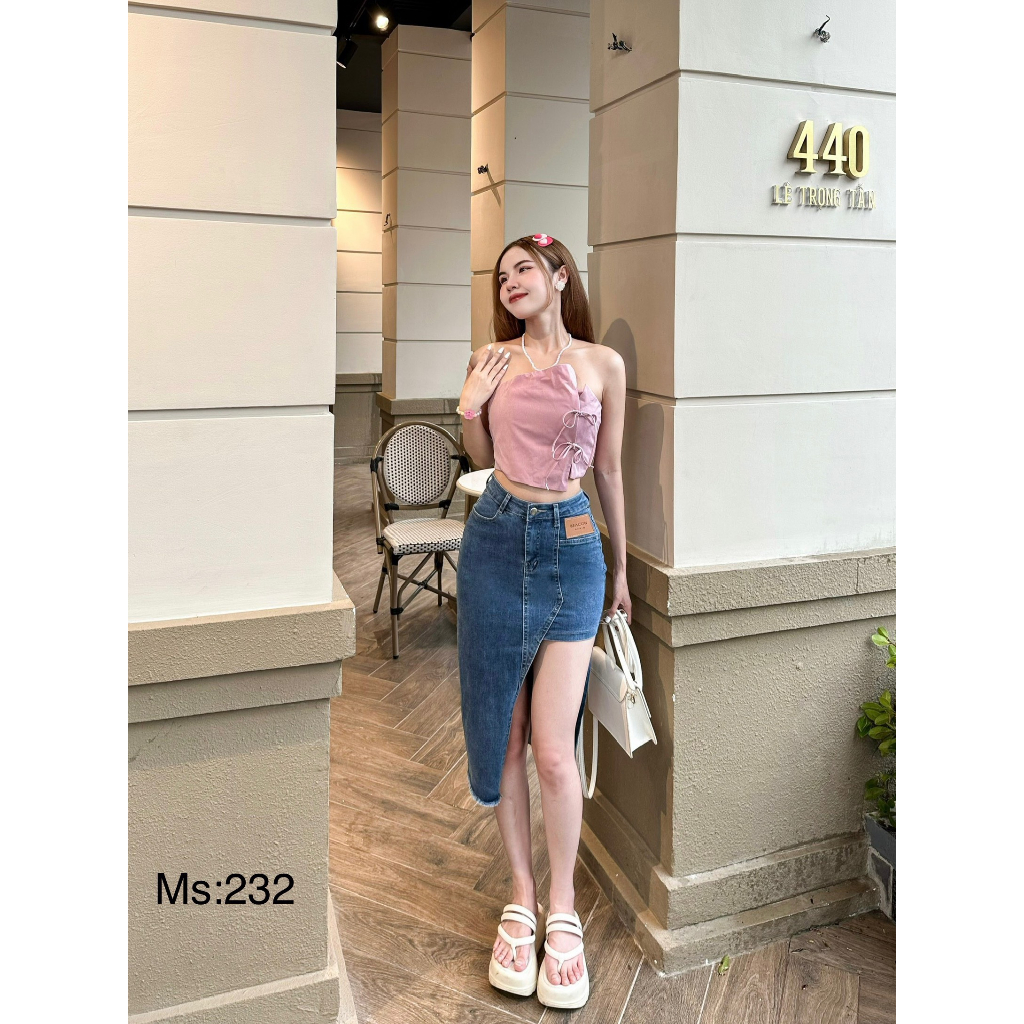 Chân Váy Jeans  Co Giãn Vạt Trước Xẻ Kiểu MS 065
