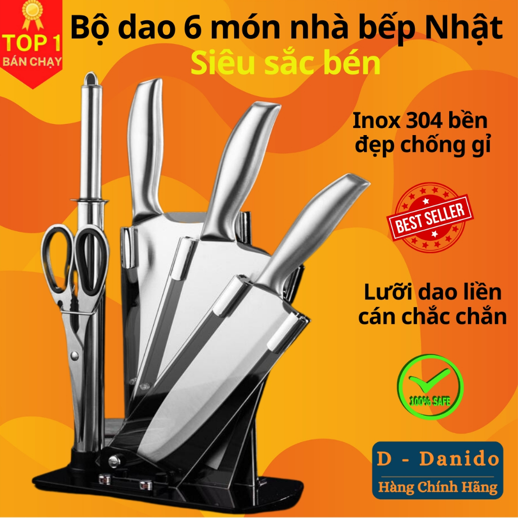 Bộ dao 6 món nhà bếp Nhật Bản siêu sắc bén inox cao cấp - Chính hãng D Danido