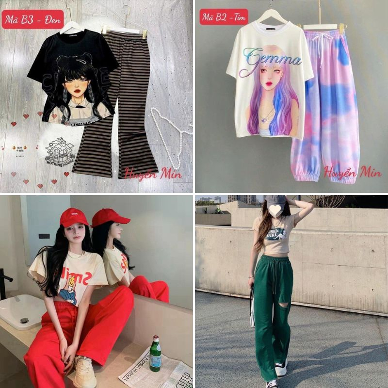 Set đồ bộ nữ quần dài, áo phông siêu hot 2023 năng động trẻ trung, freesize dưới 60Kg