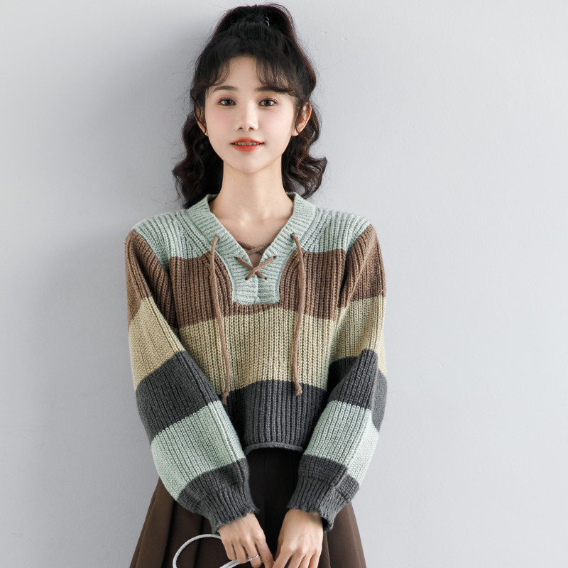 Áo len croptop cổ chữ V họa tiết kẻ sọc phong cách Hàn Quốc thời trang thu đông mới cho nữ FG122