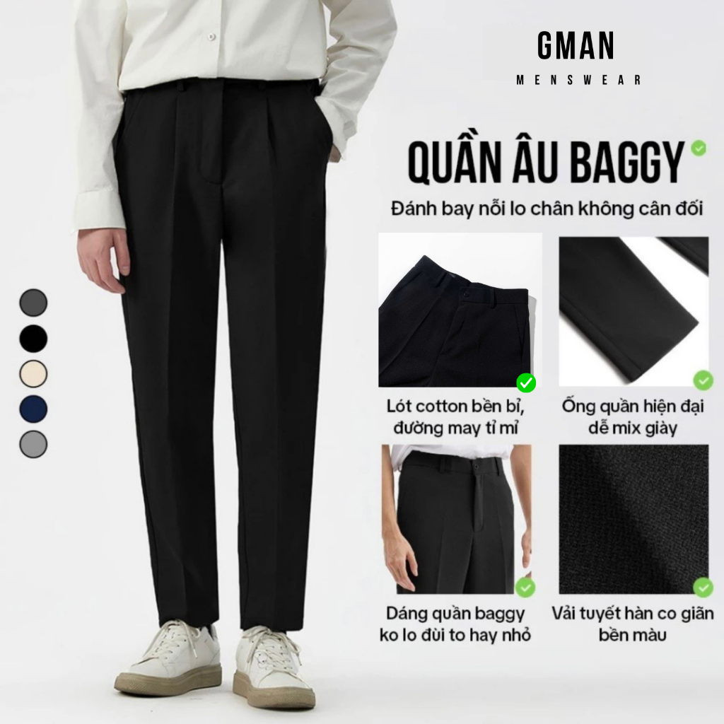 Quần âu nam hàn quốc dáng baggy suông đen, kem chất vải dày dặn co giãn tốt thương hiệu Gman