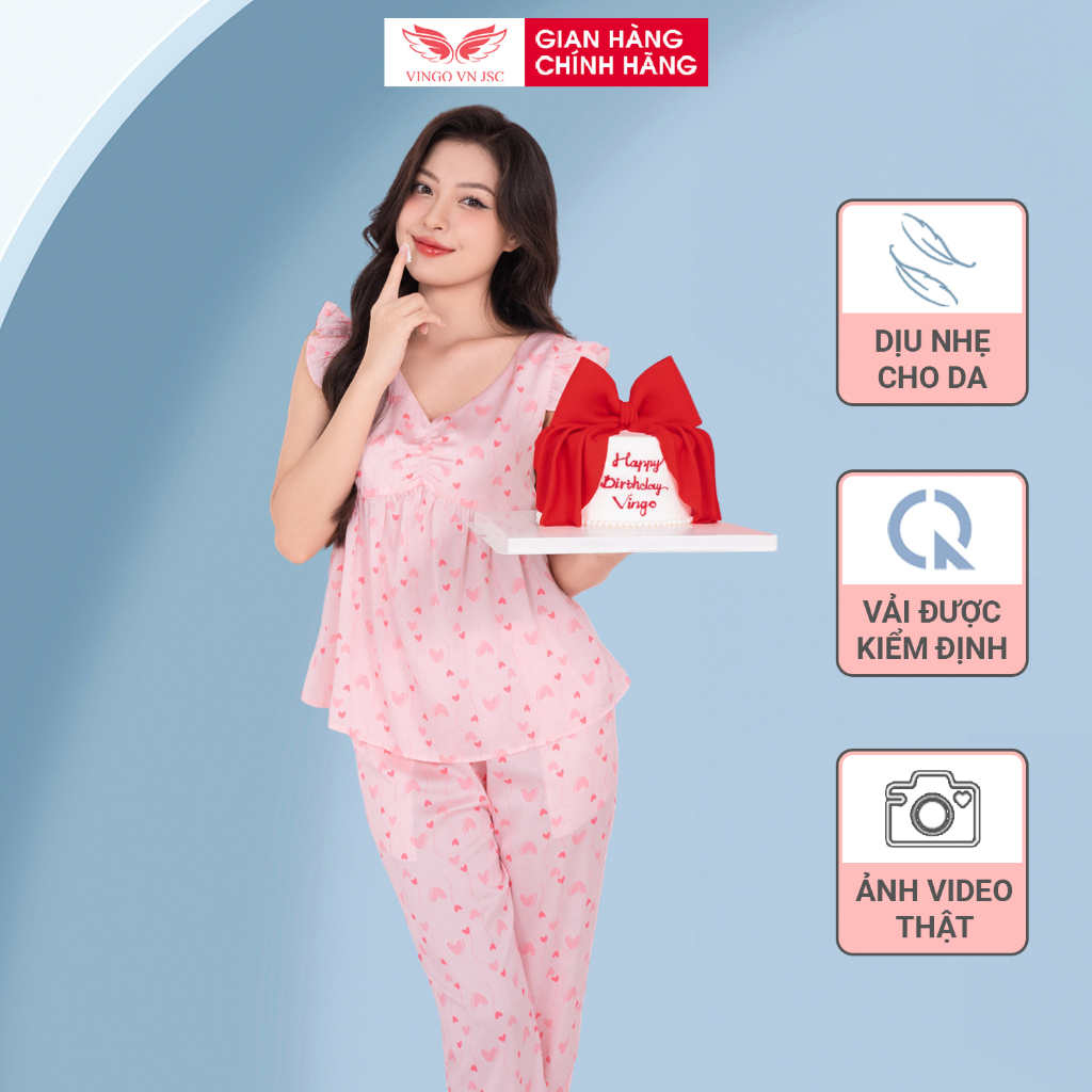 Đồ bộ nữ pijama mặc nhà lụa cao cấp VINGO tay ngắn quần dài áo cánh tiên màu hồng hoạ tiết trái tim dễ thương H765 VNGO