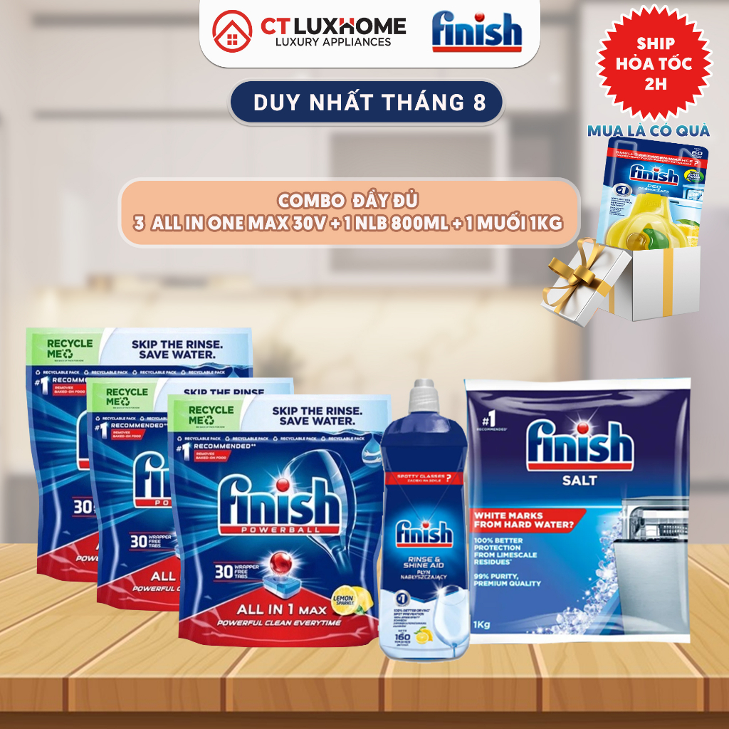 COMBO FINISH ĐÁNG MUA: VIÊN RỬA BÁT ALL IN ONE MAX + MUỐI 1KG + NƯỚC LÀM BÓNG 800ML