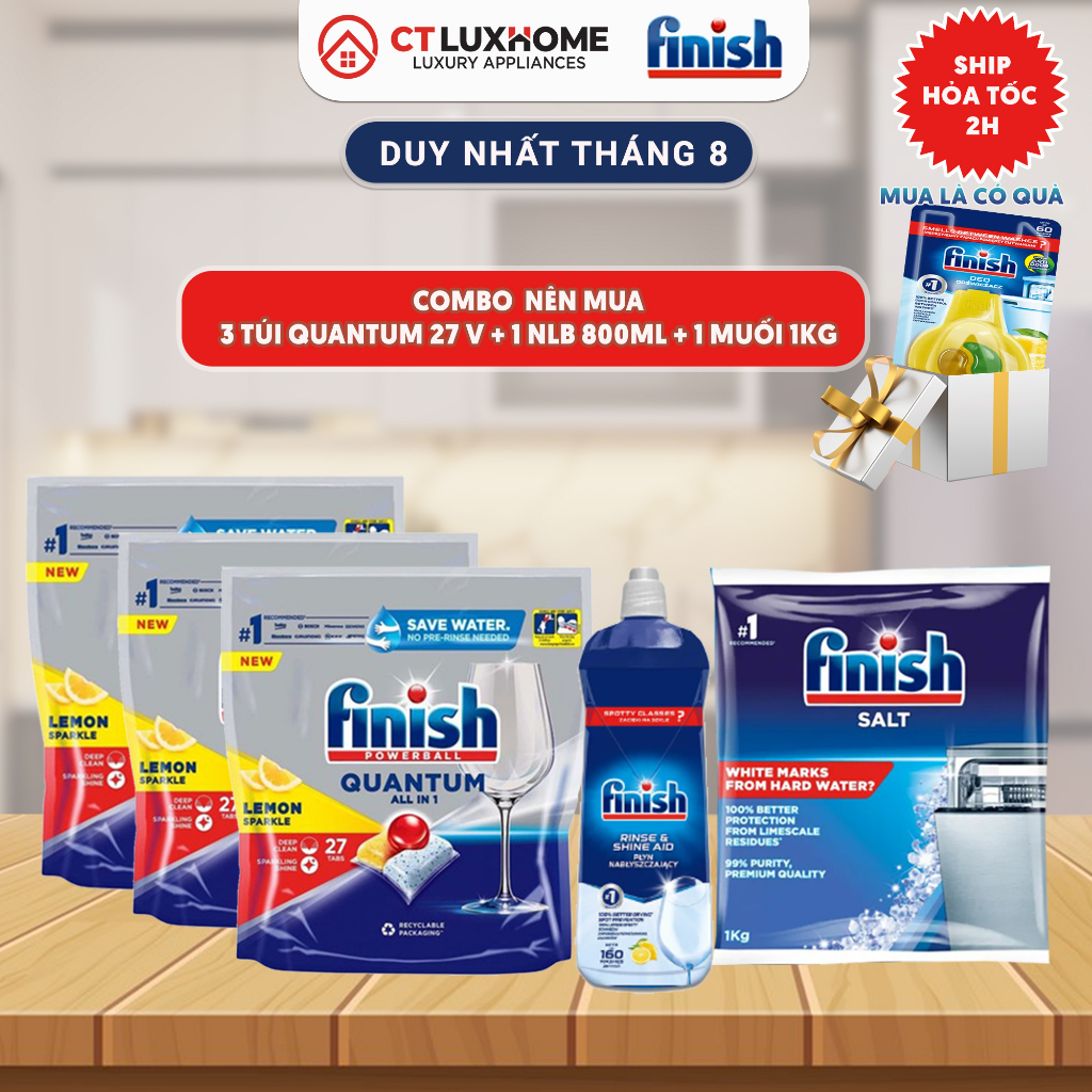 COMBO FINISH ĐÁNG MUA: VIÊN RỬA BÁT ALL IN ONE MAX + MUỐI 1KG + NƯỚC LÀM BÓNG 800ML