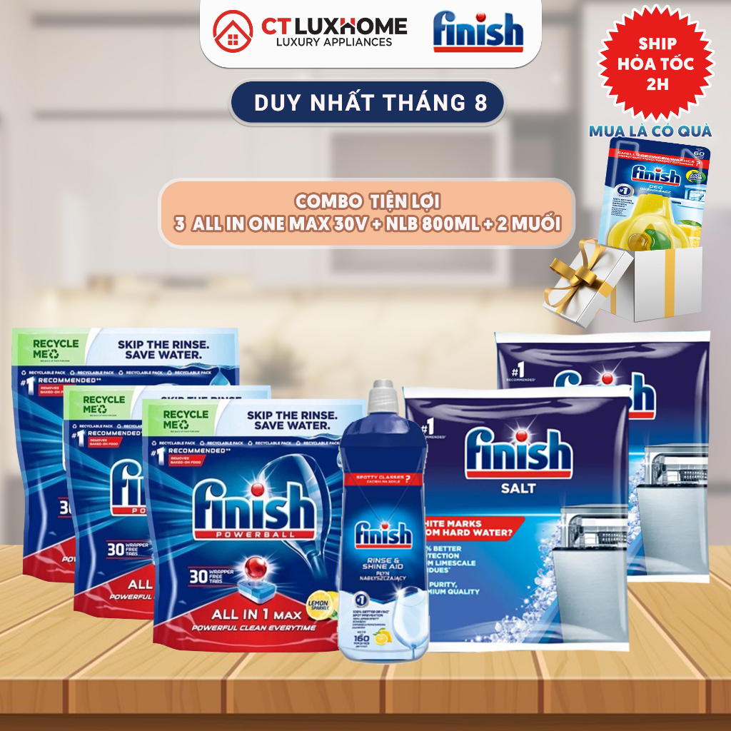 COMBO FINISH ĐÁNG MUA: VIÊN RỬA BÁT ALL IN ONE MAX + MUỐI 1KG + NƯỚC LÀM BÓNG 800ML