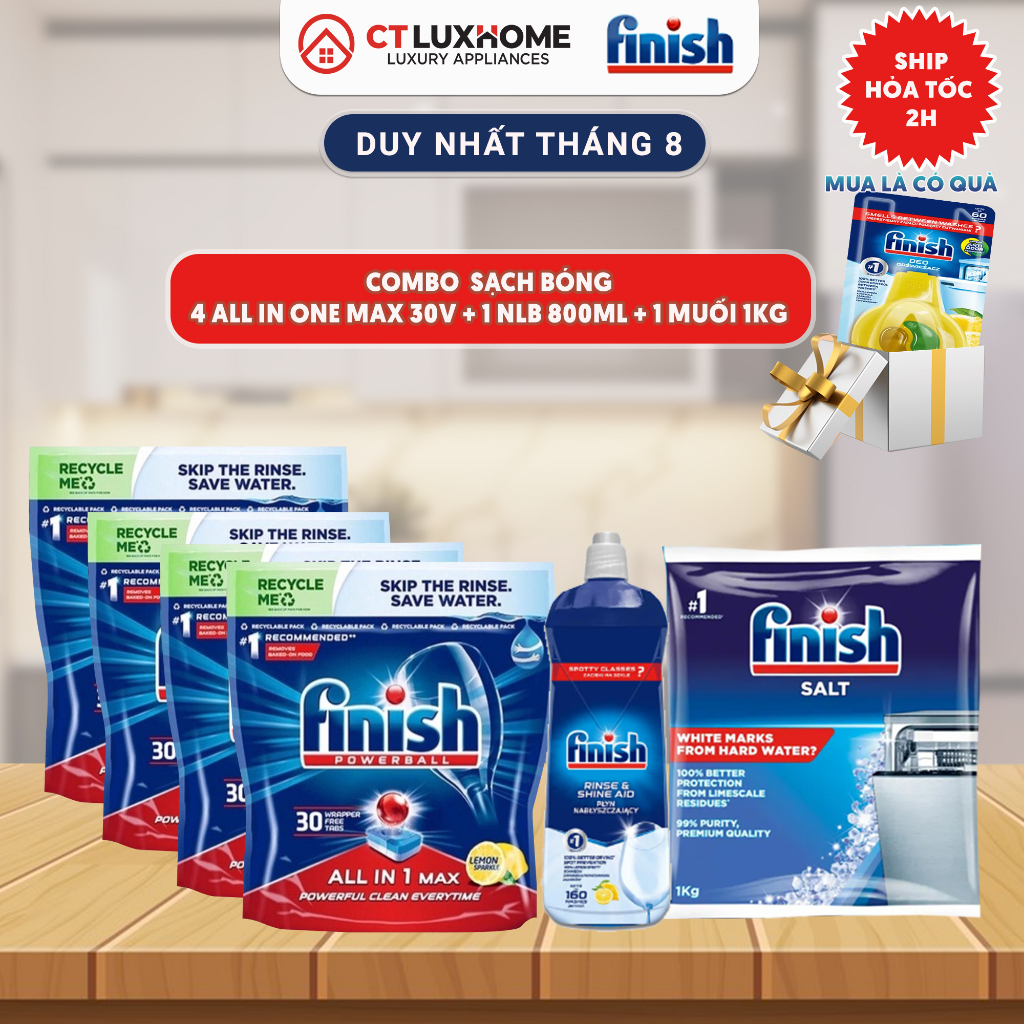 COMBO FINISH ĐÁNG MUA: VIÊN RỬA BÁT ALL IN ONE MAX + MUỐI 1KG + NƯỚC LÀM BÓNG 800ML
