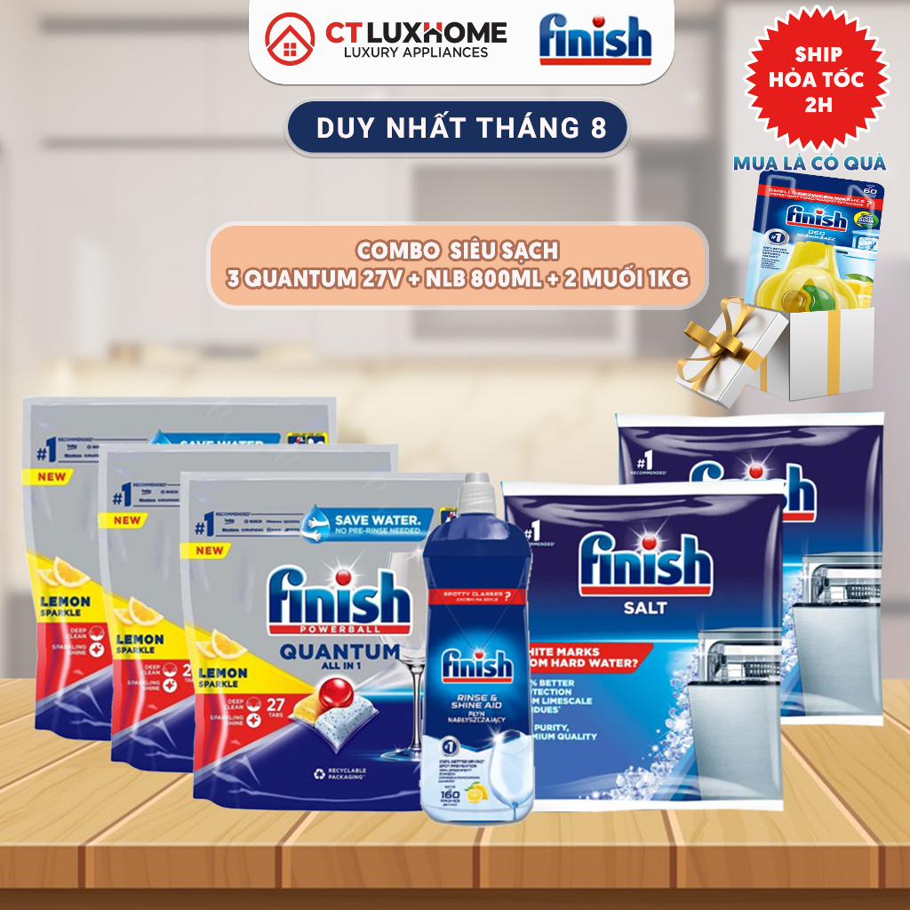 COMBO FINISH ĐÁNG MUA: VIÊN RỬA BÁT ALL IN ONE MAX + MUỐI 1KG + NƯỚC LÀM BÓNG 800ML