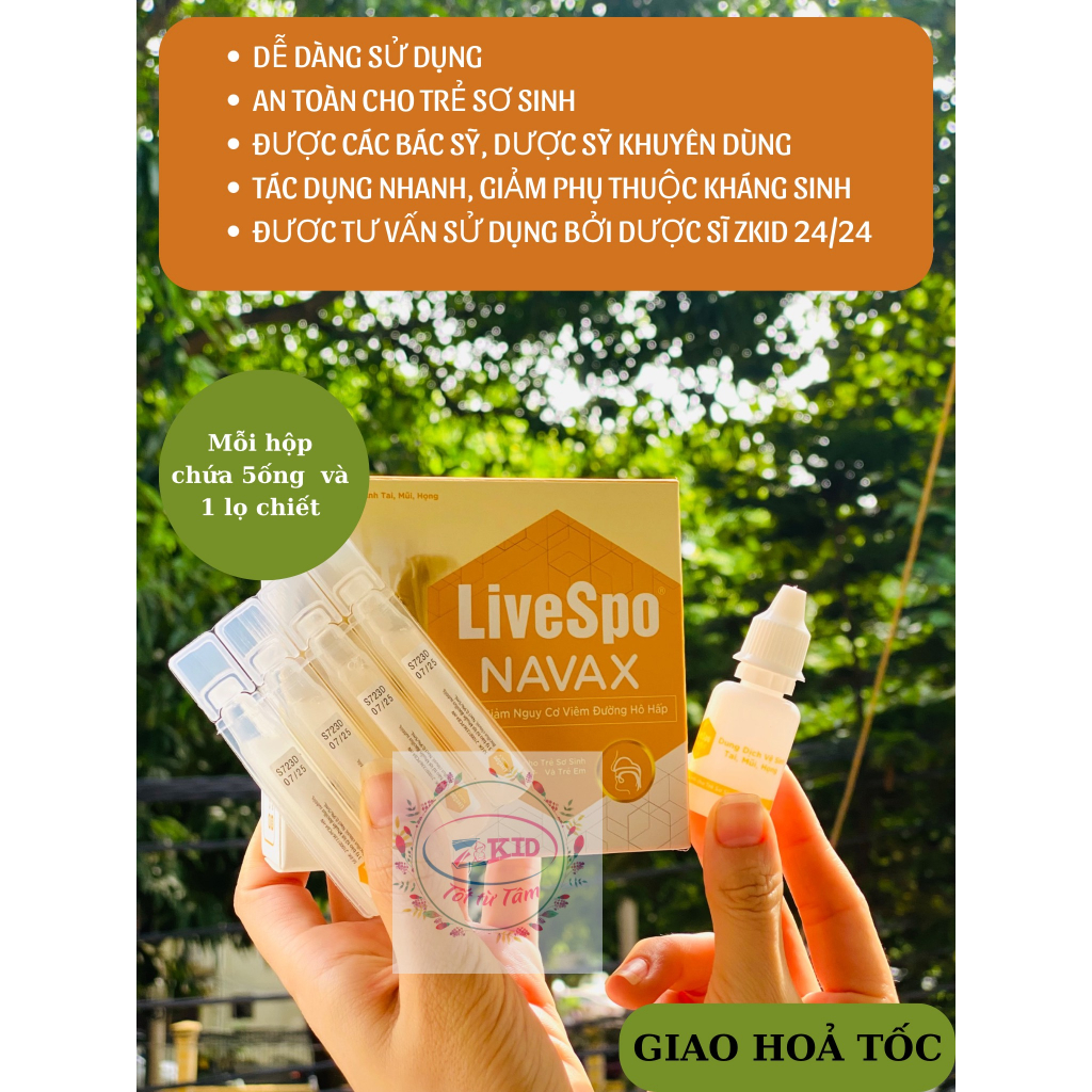 LiveSpo NAVAX KIDS - Nhỏ tai/mũi/họng bào tử lợi khuẩn cho trẻ nhỏ giảm nghẹt mũi, khô mũi - Hộp 5 ống x 5ml