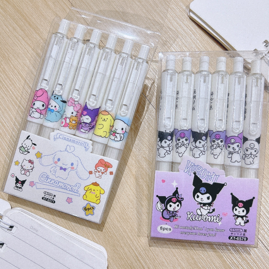 Set 6 Bút Gel Mực Đen,Xanh 0.5mm Sanrio, Cậu Bé Bút Chì Shin Kuromi, Cinnamoroll, Pochacco, Melody Đáng Yêu