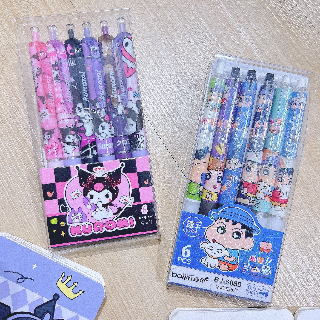 Set 6 Bút Gel Mực Đen,Xanh 0.5mm Sanrio, Cậu Bé Bút Chì Shin Kuromi, Cinnamoroll, Pochacco, Melody Đáng Yêu