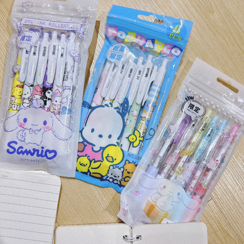 Set 6 Bút Gel Mực Đen,Xanh 0.5mm Sanrio, Cậu Bé Bút Chì Shin Kuromi, Cinnamoroll, Pochacco, Melody Đáng Yêu