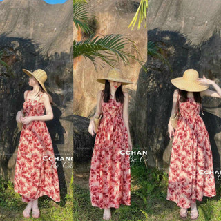 Đầm nữ xòe hoa lá đỏ chất liệu voan hoa cao cấp dự tiệc