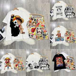 Set Bộ Hoạt Hình One Piece Áo Thun Monkey D. Luffy Zoro Chopper Tay Lỡ Phối Quần Cartoon Đùi Dáng Rộng Unisex O1- MM