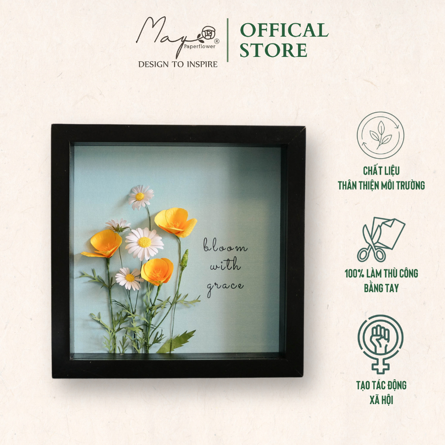 Tranh Hoa Giấy Handmade Trang Trí - Poppy California MAYPAPERFLOWER Khung Gỗ Size 25x25cm