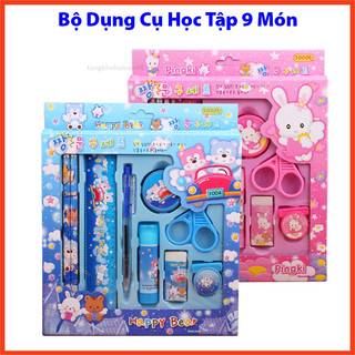 Bộ dụng cụ học tập 9 món tiện lợi mẫu mã cute gồm bút bi,bút chì,thước kẻ,tẩy,kéo,gọt xoáy bút chì,keo dán giấy, kẹp